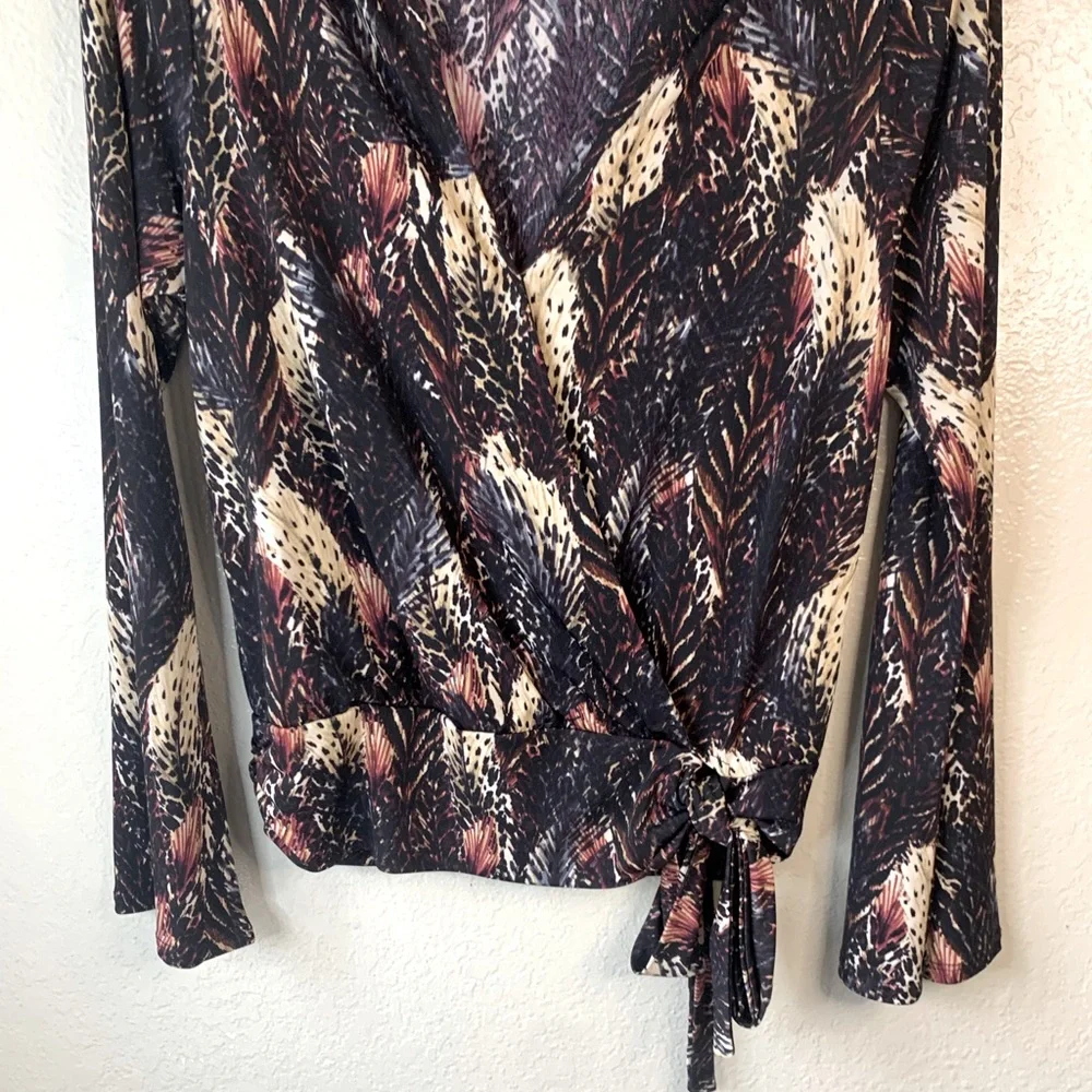 Veronica M Boho Feather Print Surplice Faux Retro Wrap Bell Sleeve Blouse Size S